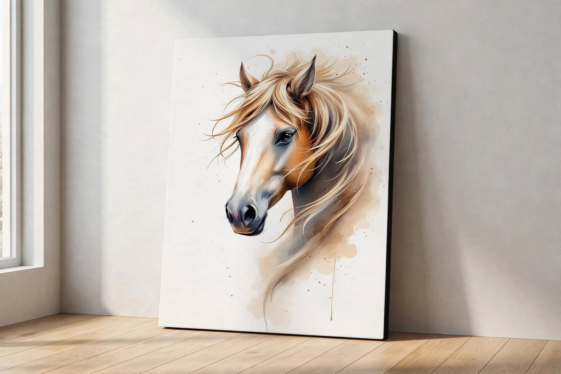 Framed portrait canvas print leaning against a wall